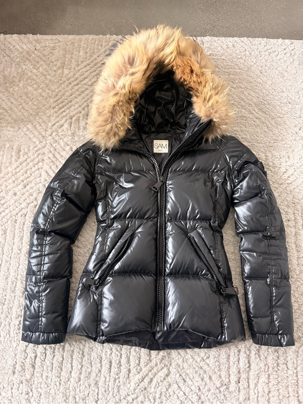 SAM. Black Glossy Puffer Jacket with Faux Fur Trim Hood